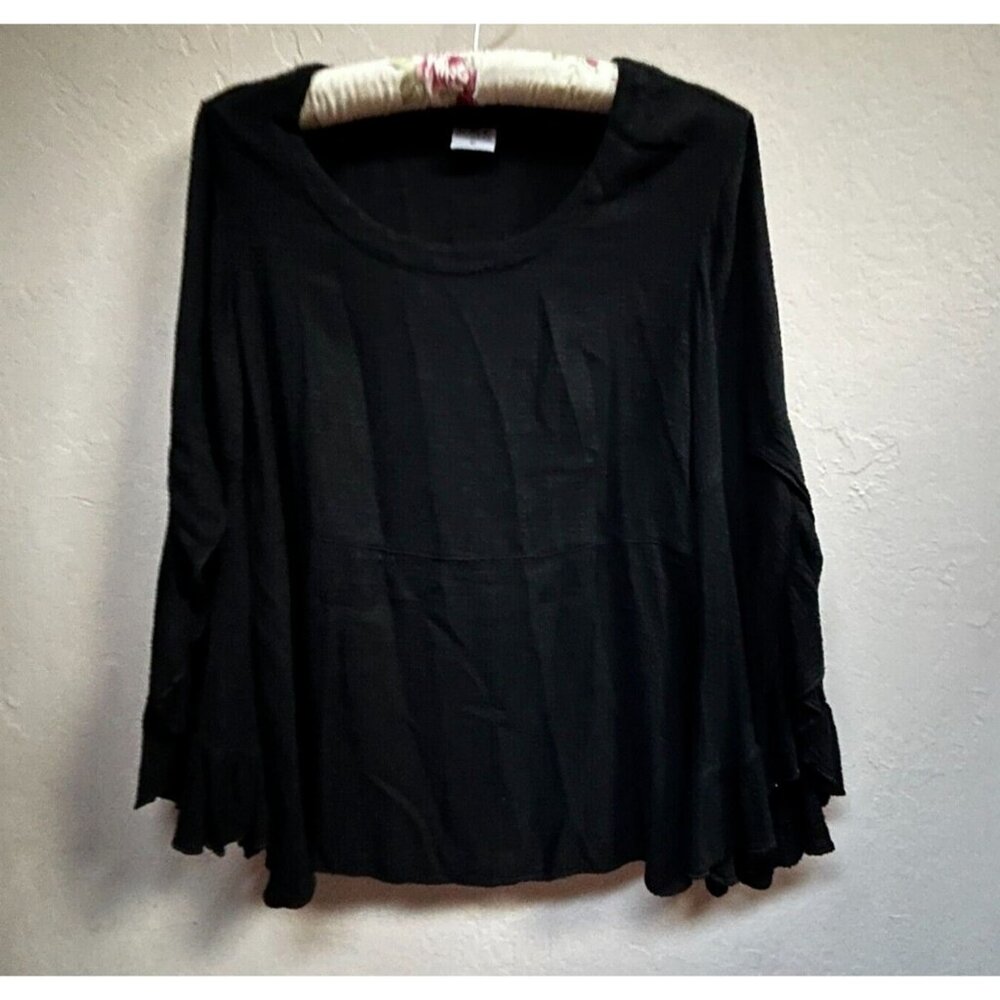C.M.C Women's Large Top Ruffle Long Sleeve Linen Blend Blouse Solid Black Casual
